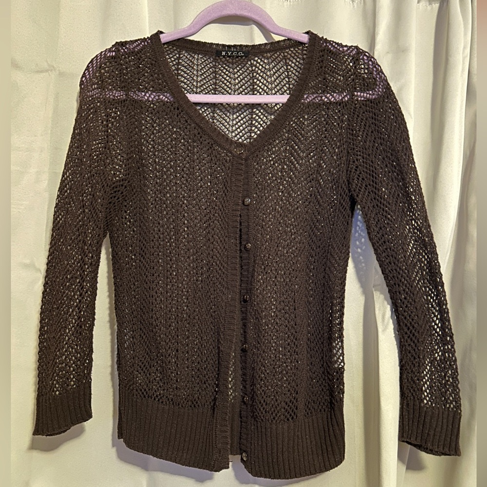 New York & Company Dark Brown Open-Knit V-Neck Cardigan